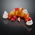 Fresh Croissant with Fresh Strawberries Whipped Cream and Powdered Sugar on Dark Background with Reflection