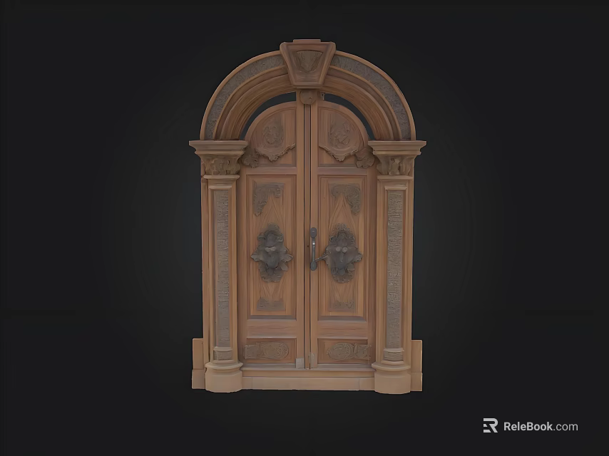 Vintage Wooden Double Door With Arched Top And Intricate Carvings 3d model 