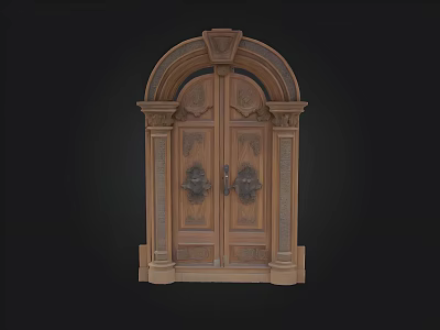 Vintage Wooden Double Door With Arched Top And Intricate Carvings 3d model