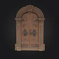Vintage Wooden Double Door With Arched Top And Intricate Carvings