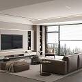 Modern Living Room Interior Design With Large TV Brown Sofa And Floor to Ceiling Windows