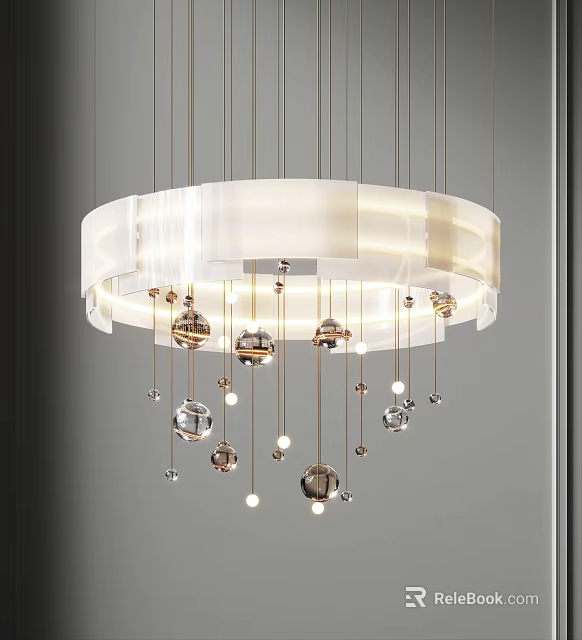 Modern White Circular Chandelier With Hanging Metal Spheres And Decorative Lights 3d model 