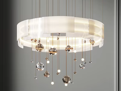 Modern White Circular Chandelier With Hanging Metal Spheres And Decorative Lights 3d model