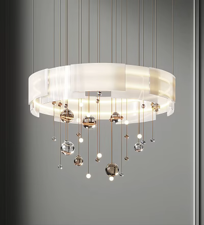 Modern White Circular Chandelier With Hanging Metal Spheres And Decorative Lights 3d model