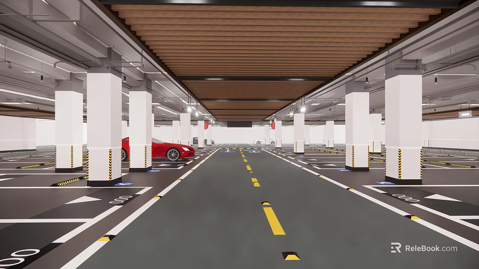 Modern Parking Garage Interior With White Pillars Yellow Stripes Red Car And Wooden Ceiling 3d model 