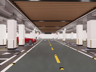 Modern Parking Garage Interior With White Pillars Yellow Stripes Red Car And Wooden Ceiling 3d model