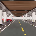 Modern Parking Garage Interior With White Pillars Yellow Stripes Red Car And Wooden Ceiling