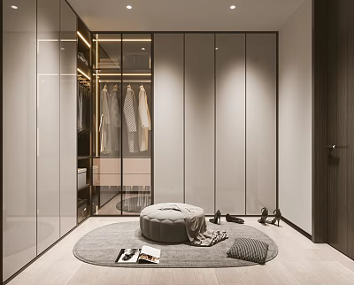 Modern Walk in Closet Interior With Glass Door Cabinets Round Rug And Ottoman 3d model