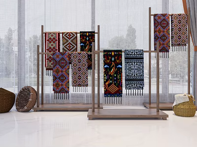 Indoor Decorative Ornament Combination with Colorful Tapestries Wooden Stands and Woven Baskets 3d model