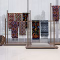 Indoor Decorative Ornament Combination with Colorful Tapestries Wooden Stands and Woven Baskets 3d model