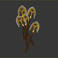 Five Yellow And White Decorated Axes With Brown Handles Crossed Together