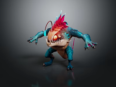 Fierce Game Movie Character With Blue Body Red Head Fins Glowing Eye Sharp Teeth And Claws 3d model