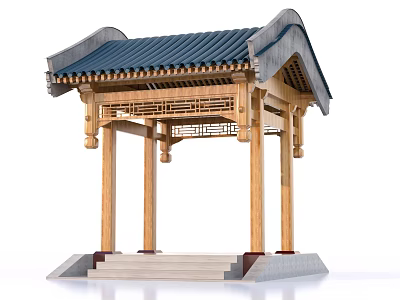 Traditional Wooden Pavilion With Sloped Tile Roof And Carved Pillars On Steps 3d model