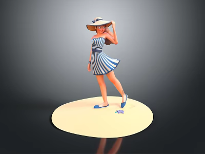 3D Rendered Game Movie Character Wearing Blue White Striped Dress Large Hat And Blue Shoes 3d model