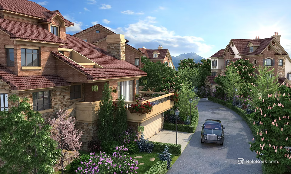 Red Brick Building Exterior Wall with Stone Details Green Plants and Balcony in Villa Area 3d model 