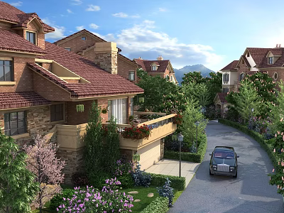 Red Brick Building Exterior Wall with Stone Details Green Plants and Balcony in Villa Area 3d model
