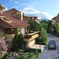 Red Brick Building Exterior Wall with Stone Details Green Plants and Balcony in Villa Area