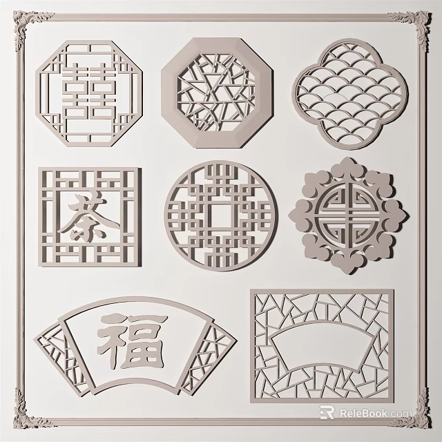 Traditional Chinese Carved Lattice Windows With Various Shapes Cultural Symbols And Decorative Patterns 3d model 