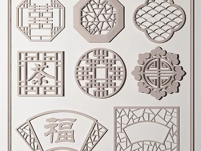 Traditional Chinese Carved Lattice Windows With Various Shapes Cultural Symbols And Decorative Patterns 3d model