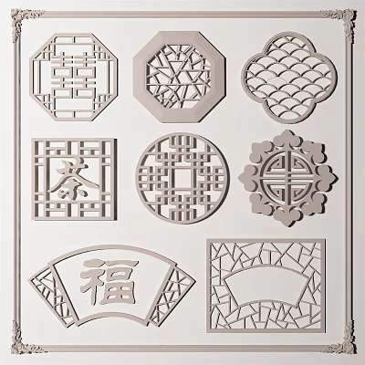 Traditional Chinese Carved Lattice Windows With Various Shapes Cultural Symbols And Decorative Patterns 3d model