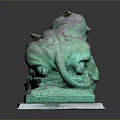 Reclining Lion Bronze Statue With Green Patina And Leaf Decorated Base