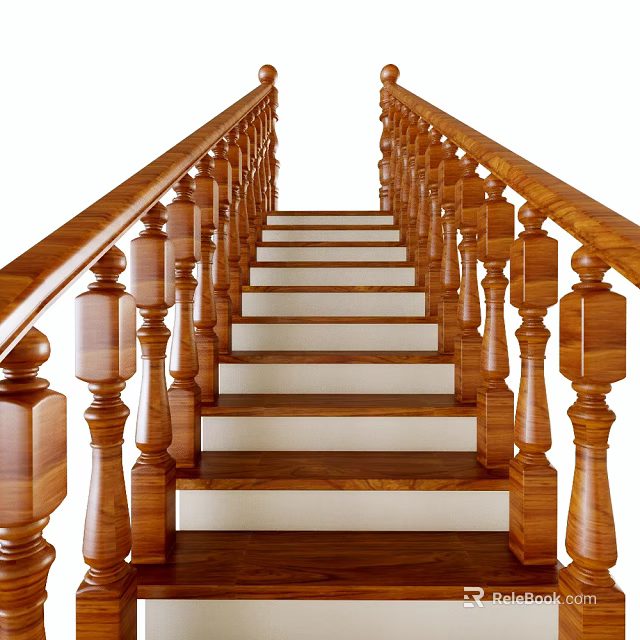 Classic Wooden Staircase With Intricate Handrails And Balusters On White Steps 3d model 