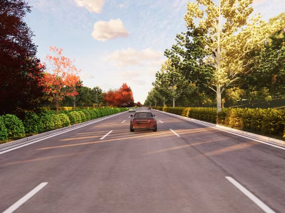 Municipal Road With Two Way Lanes Green Trees Shrubs And Car Driving Under Cloudy Sky 3d model