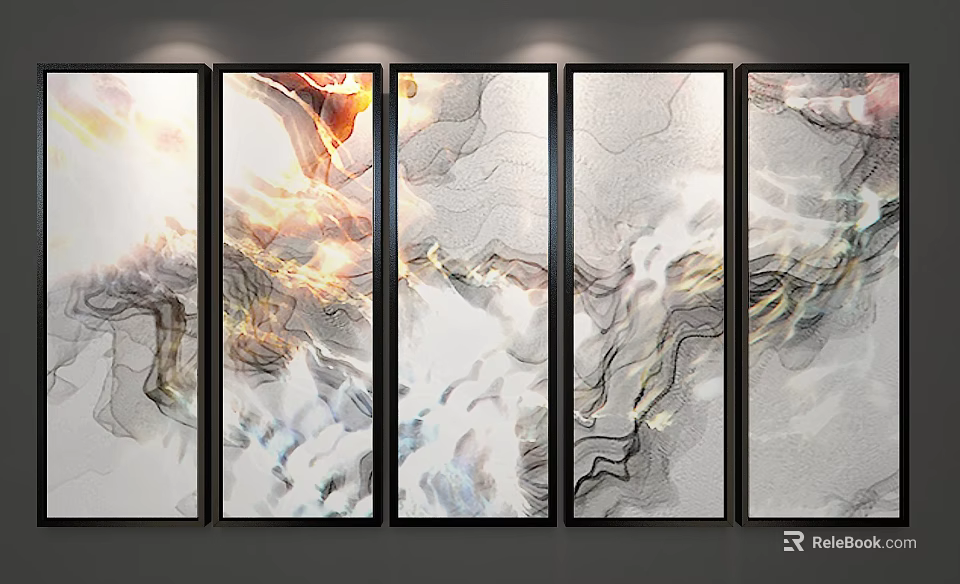 Five Panel Modern Abstract Wall Art With Black Frames And Flowing Color Textures 3d model 