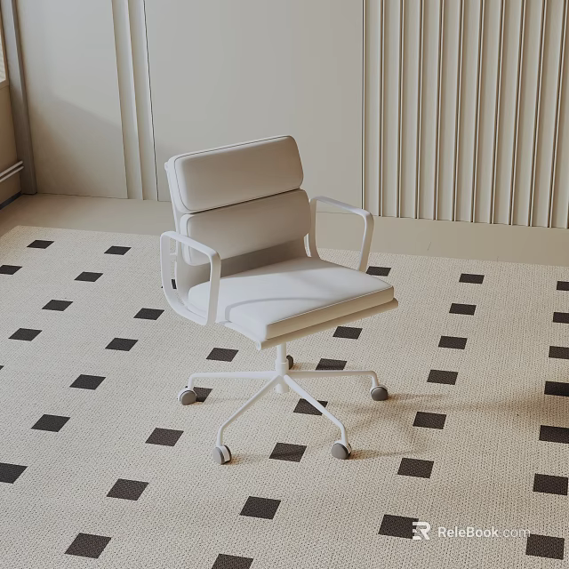 White Accent Chair With Armrests And Wheels On Checkered Carpet And Light Vertical Striped Wall 3d model 