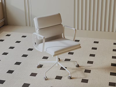 White Accent Chair With Armrests And Wheels On Checkered Carpet And Light Vertical Striped Wall 3d model