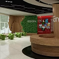 Eco City Interior Design With Wooden Curved Reception Desk And Green Plant Wall