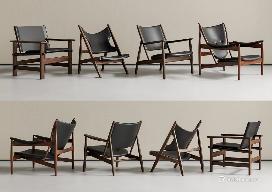 Multiple Modern Leisure Chairs With Wooden Frames And Black Leather Seats In Interior Space 3d model 