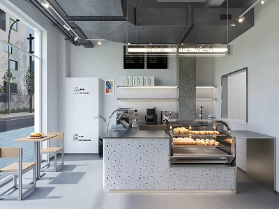 Modern Cafe Interior Design With Concrete Counter Pastry Display And Wooden Tables 3d model
