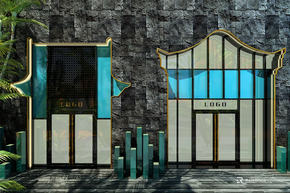 Modern Shopping Mall Storefronts With Blue Gold Decor Glass Metal Frames And Stone Wall 3d model 