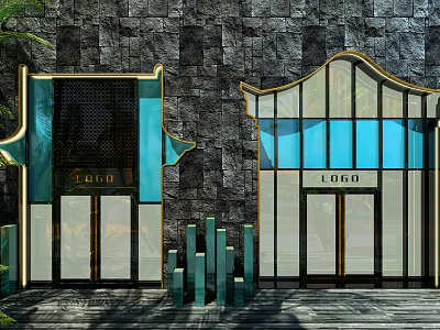 Modern Shopping Mall Storefronts With Blue Gold Decor Glass Metal Frames And Stone Wall 3d model
