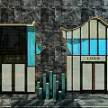 Modern Shopping Mall Storefronts With Blue Gold Decor Glass Metal Frames And Stone Wall