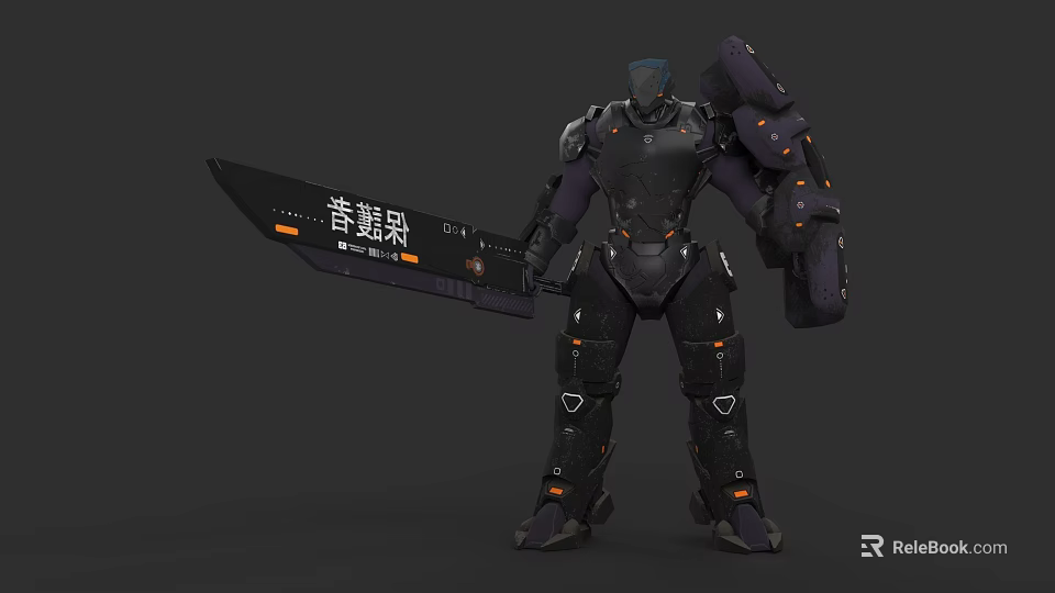 Game Movie Mech Warrior Character with Large Sword Characters Dark Orange Accents Sci Fi 3d model 