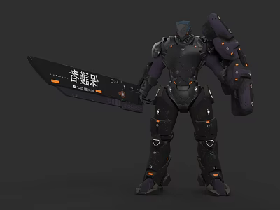 Game Movie Mech Warrior Character with Large Sword Characters Dark Orange Accents Sci Fi 3d model