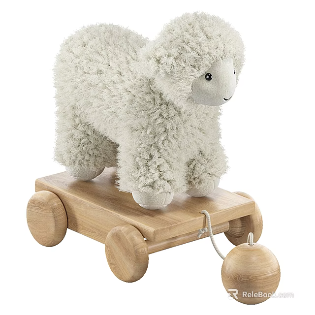 White Plush Lamb Toy on Wooden Cart with Wheels and Hanging Wooden Ball 3d model 