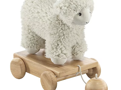 White Plush Lamb Toy on Wooden Cart with Wheels and Hanging Wooden Ball 3d model