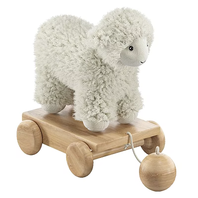 White Plush Lamb Toy on Wooden Cart with Wheels and Hanging Wooden Ball 3d model