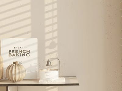 Decorative Ornament Set With French Baking Book Vase Candle Jar And Light Shadow On Shelf 3d model