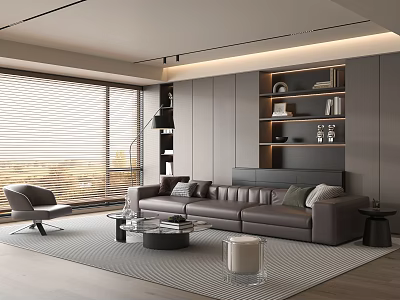 Modern Living Room With Gray Sofa Accent Chair Blinds And Shelving Unit With Decorative Items 3d model
