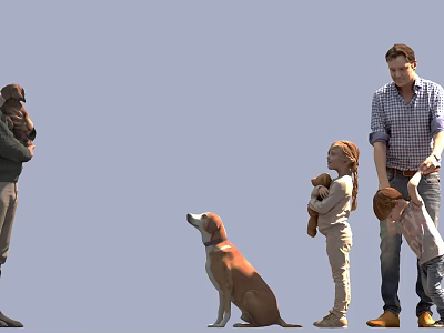 Family Members Adults and Children Playing Together with Real Dog and Toy Puppy 3d model
