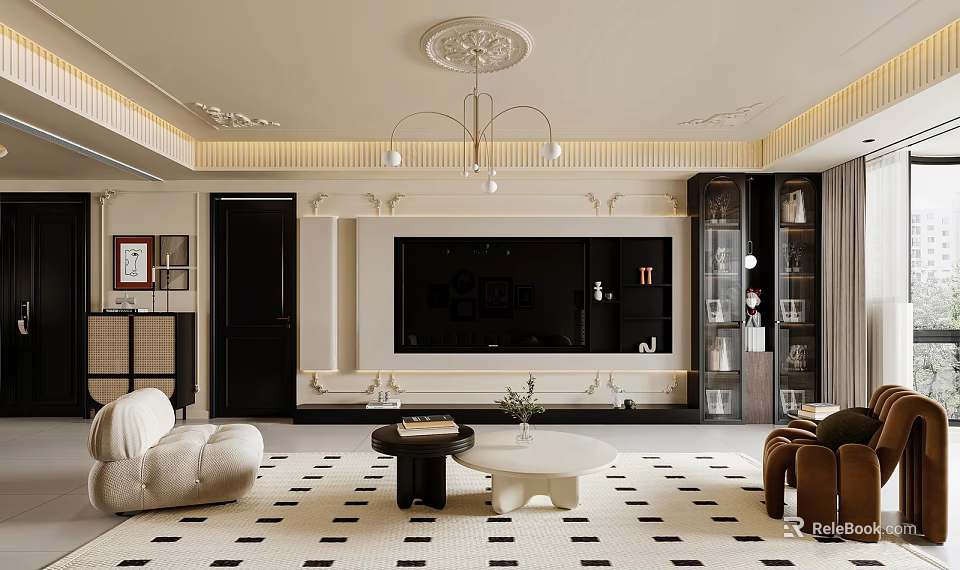 Elegant Modern Living And Dining Room Interior With Chandelier Coffee Table And TV Wall 3d model 