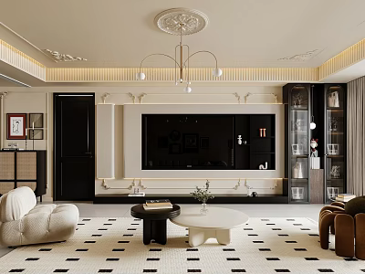 Elegant Modern Living And Dining Room Interior With Chandelier Coffee Table And TV Wall 3d model