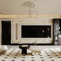Elegant Modern Living And Dining Room Interior With Chandelier Coffee Table And TV Wall