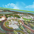 Scenic Park Landscape With Circular Layout Green Trees Red Pavilion Blue Sky And White Clouds