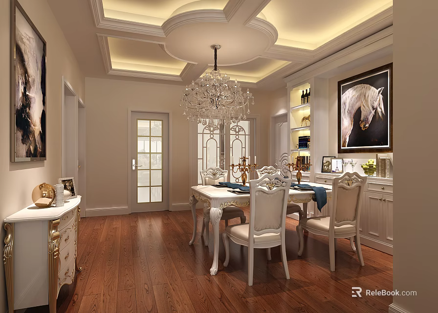 Elegant Dining Room Interior With Chandelier White Chairs Wooden Floor And Wall Paintings 3d model 