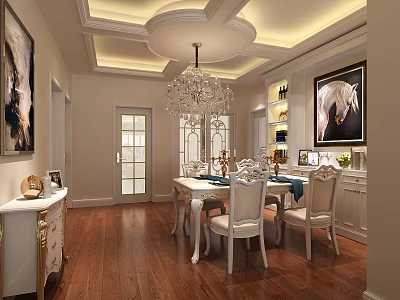 Elegant Dining Room Interior With Chandelier White Chairs Wooden Floor And Wall Paintings 3d model